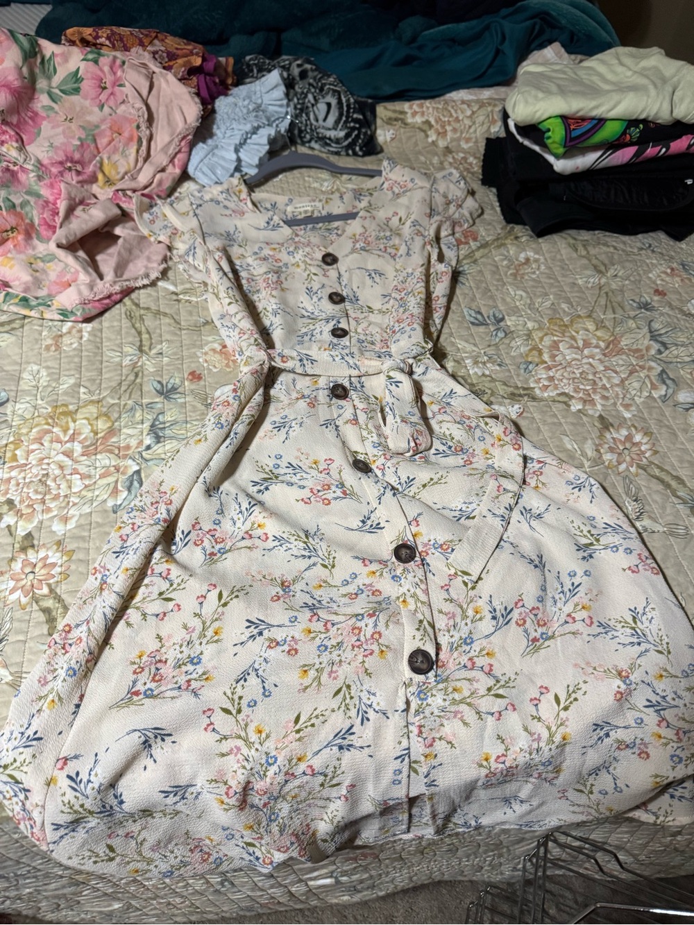 Monteau Cream Floral Button-Front Dress with Tie Waist